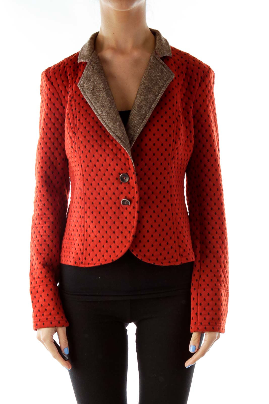 Front view of Free People red polka dot textured blazer with brown collar