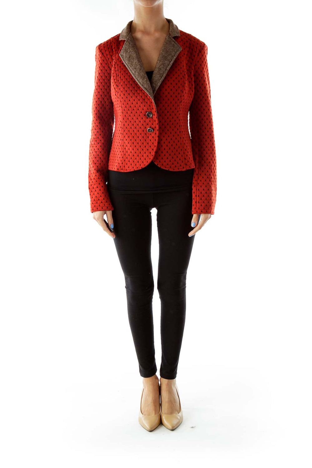 Front view of Free People red polka dot textured blazer with brown collar