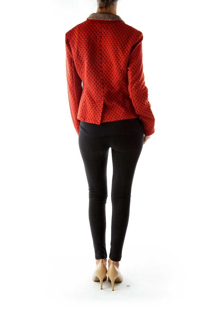 Back view of Free People red polka dot textured blazer showing fitted silhouette