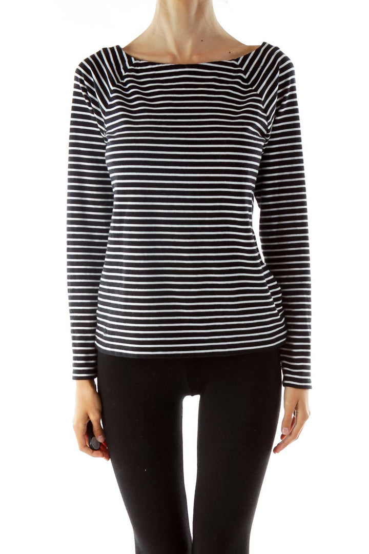 Black White Striped Round Neck Long Sleeve Shirt