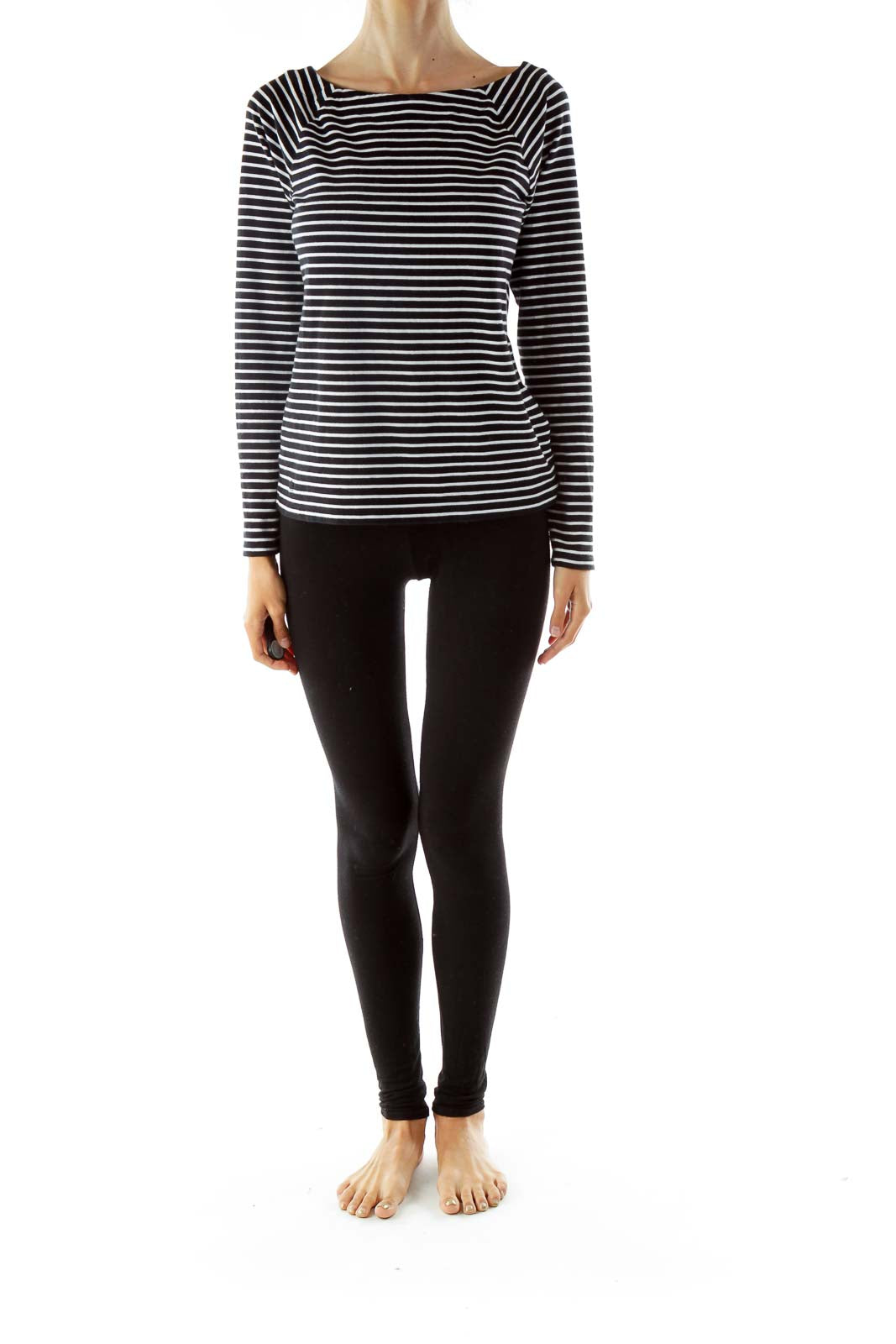 Black White Striped Round Neck Long Sleeve Shirt