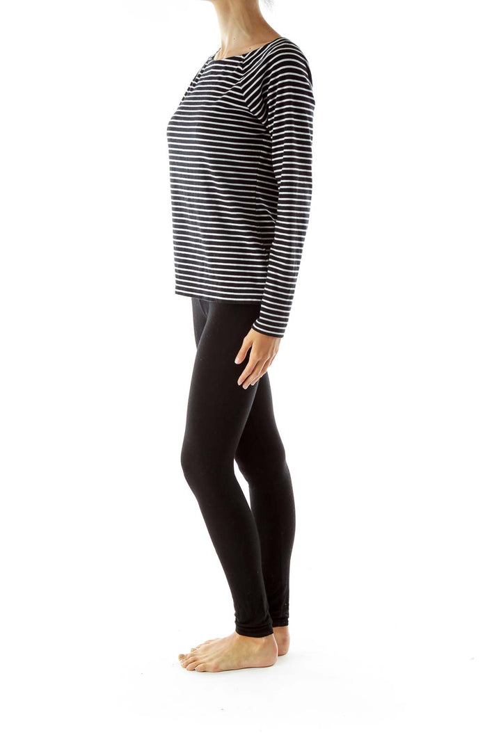 Black White Striped Round Neck Long Sleeve Shirt