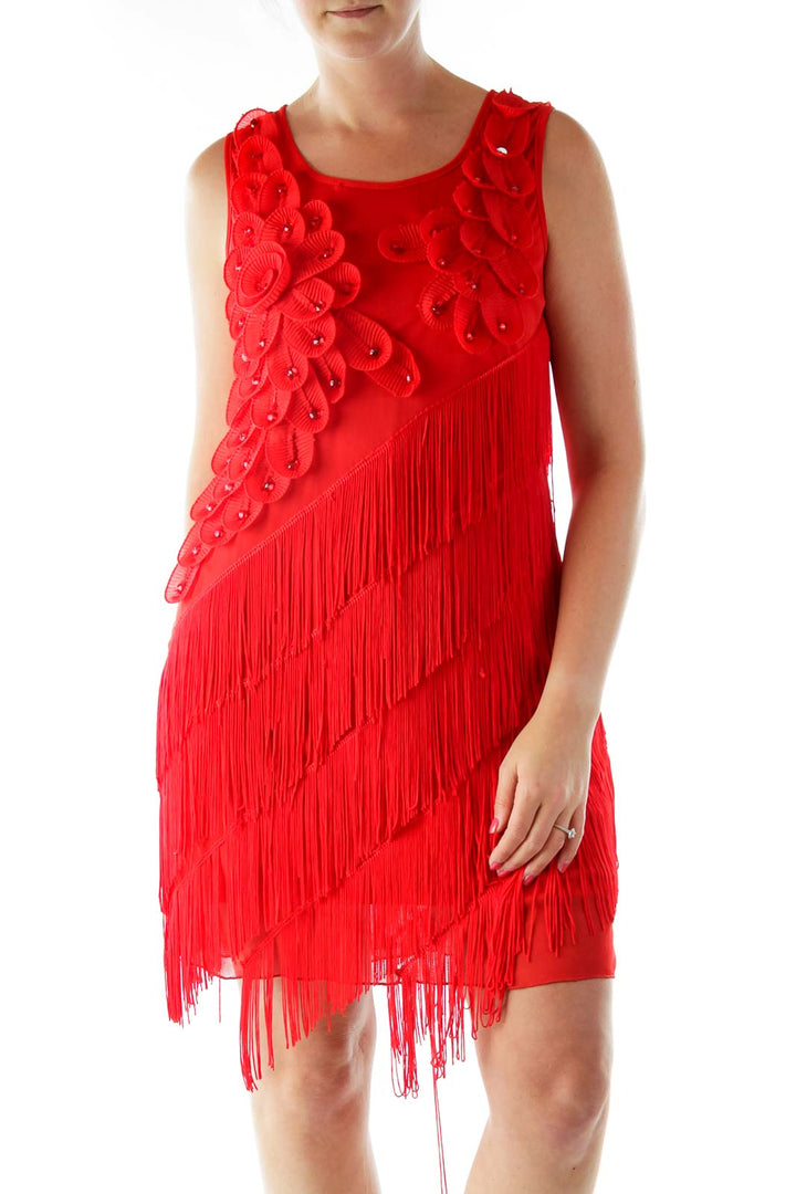 Red Floral Applique Fringe Shift Cocktail Dress