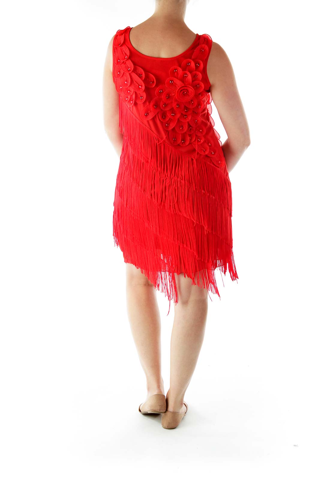 Red Floral Applique Fringe Shift Cocktail Dress