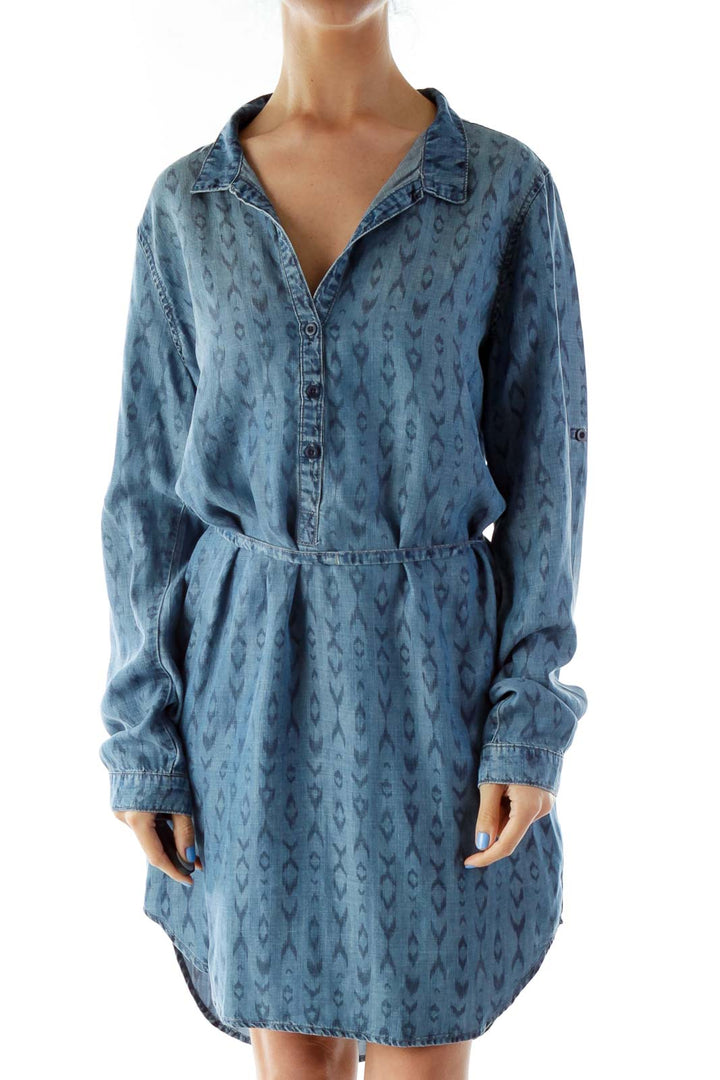 Blue Leopard Print Collared Shirt Dress