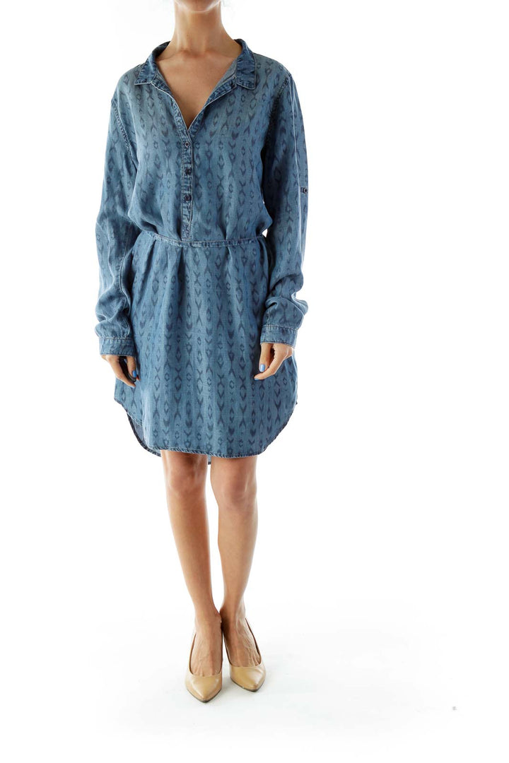 Blue Leopard Print Collared Shirt Dress