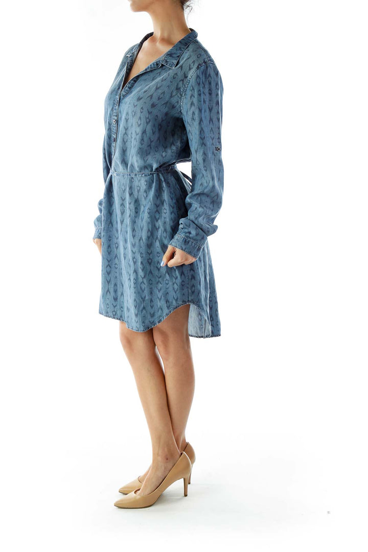 Blue Leopard Print Collared Shirt Dress