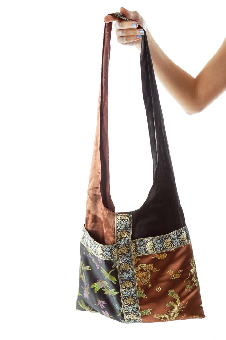 Brown Black Embroidered Shimmer Shoulder Bag