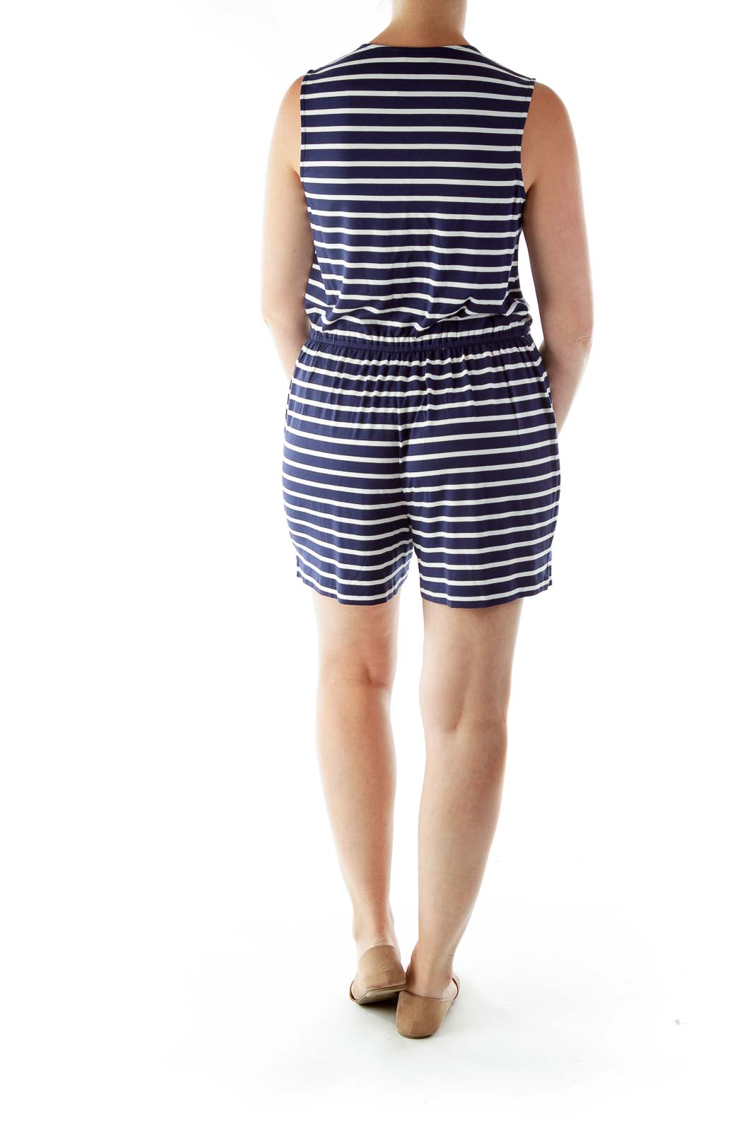 Navy White Striped Sleeveless Wrap Romper