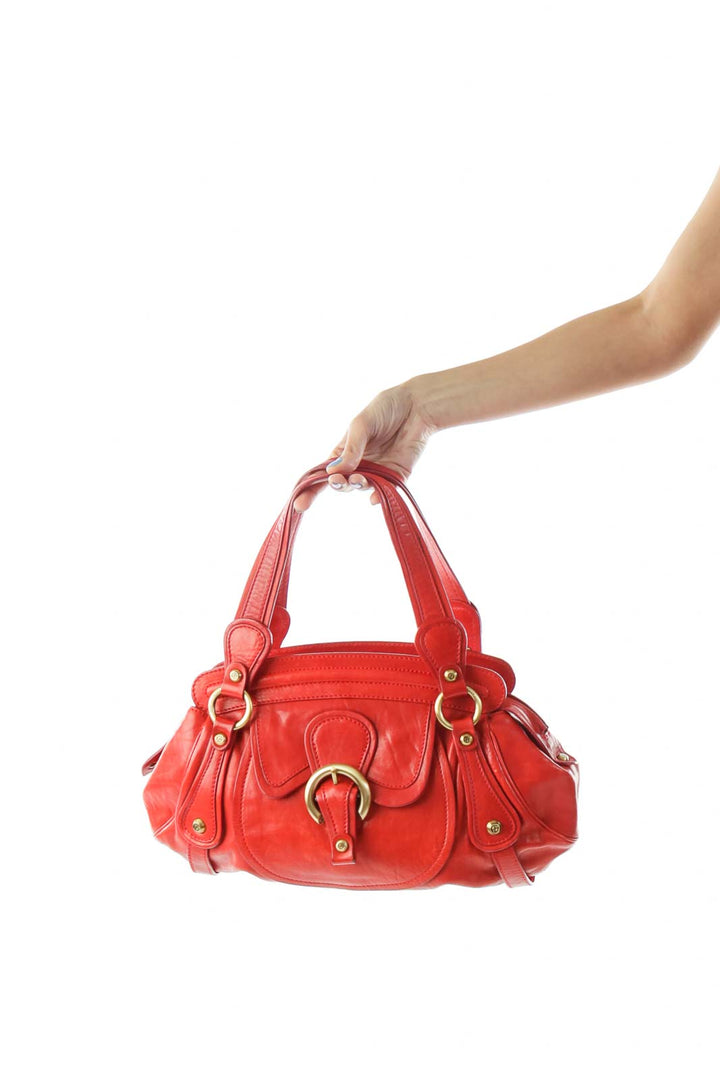 Red Buckled Leather Shoulder Bag