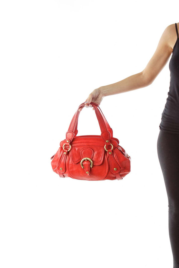 Red Buckled Leather Shoulder Bag