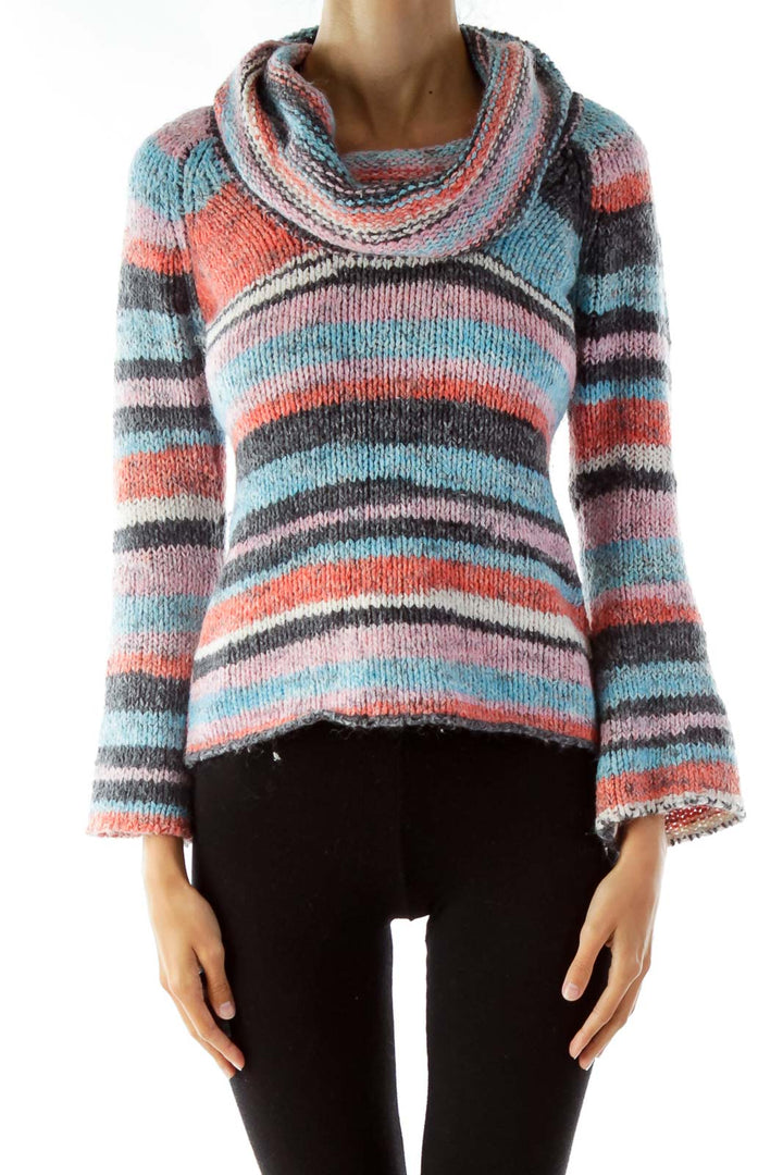 Multicolored Cowl Neck Knit Sweater