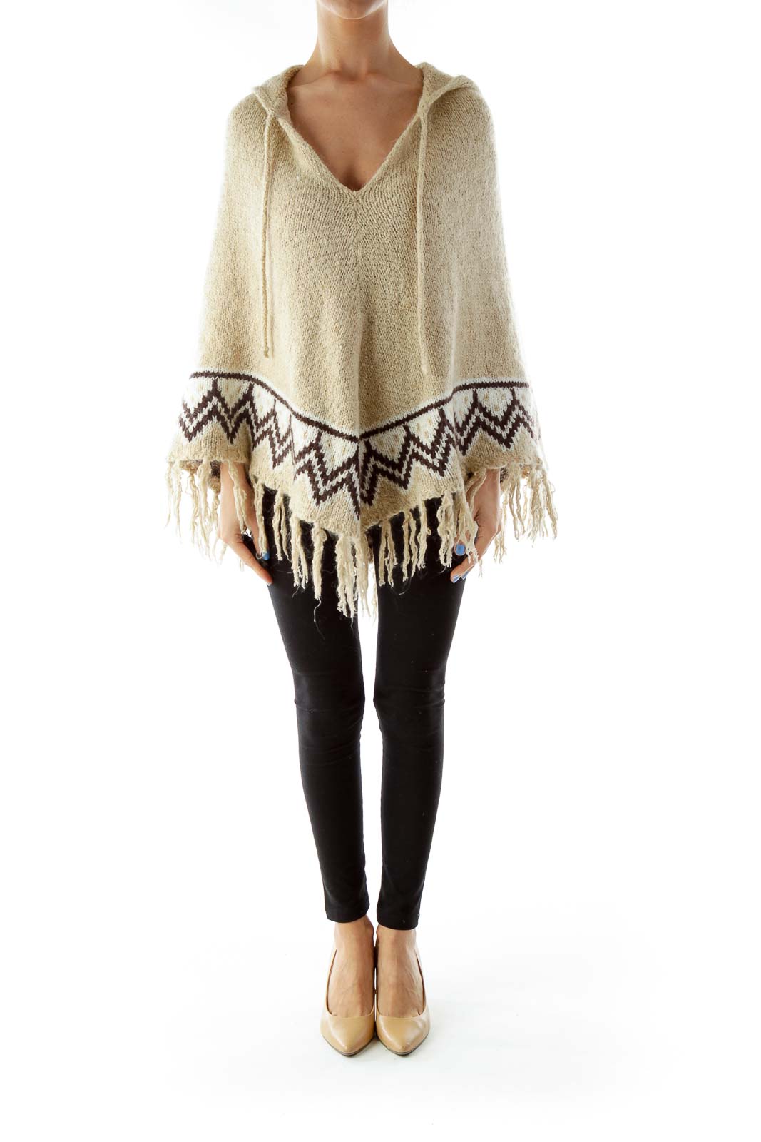 Beige Brown Poncho w/ Tassels