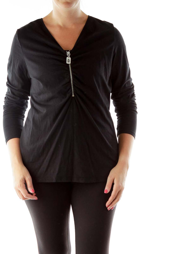 Black Zippered V-neck Blouse