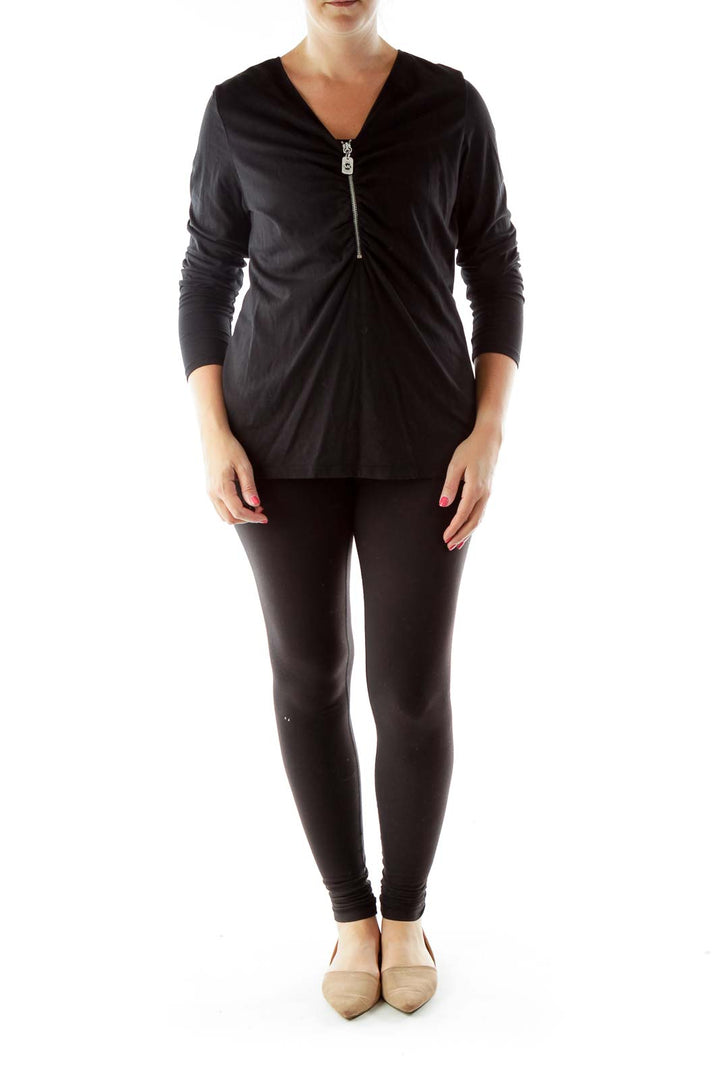 Black Zippered V-neck Blouse