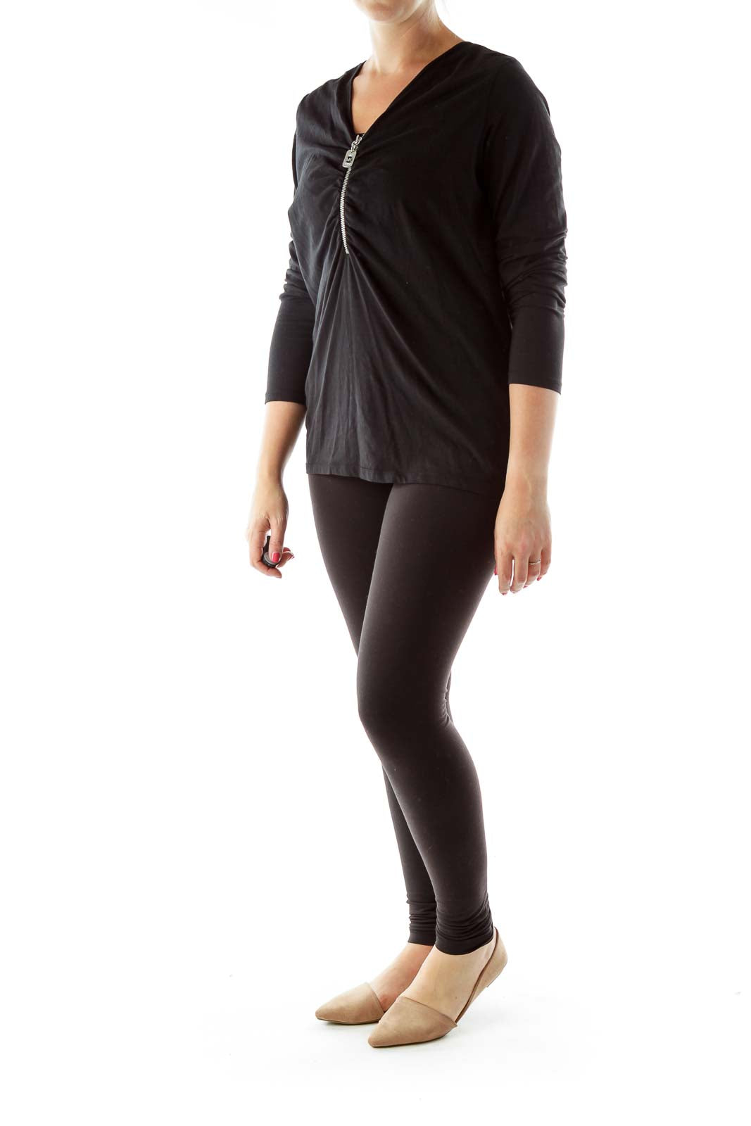 Black Zippered V-neck Blouse