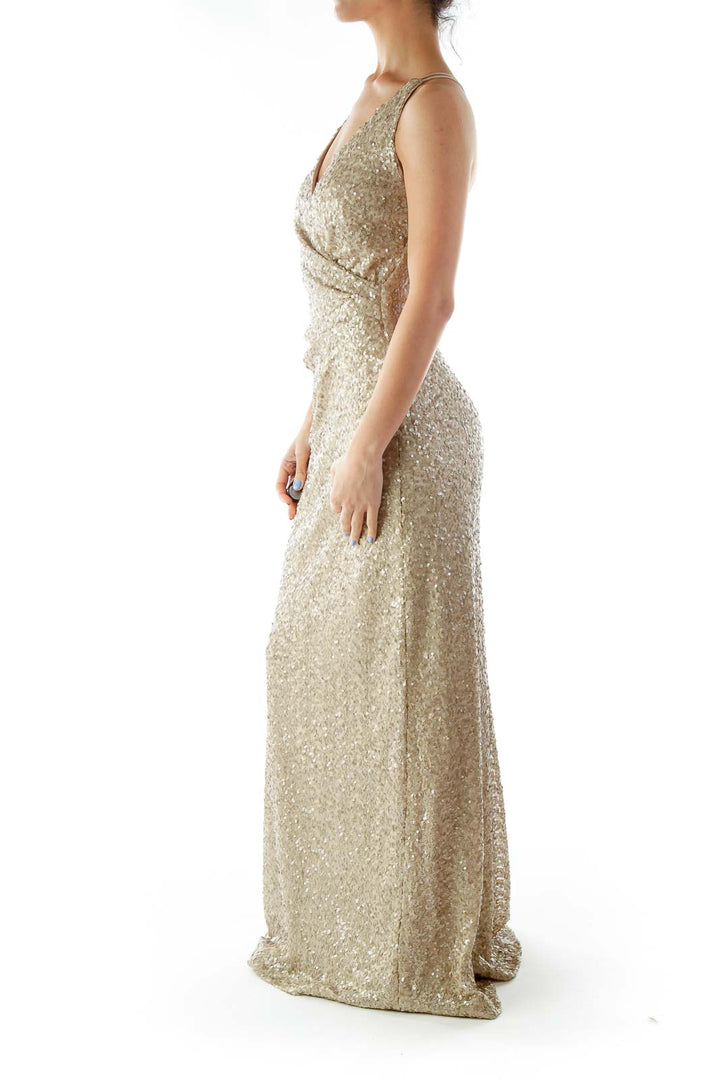 Beige Metallic Sleeveless Evening Dress