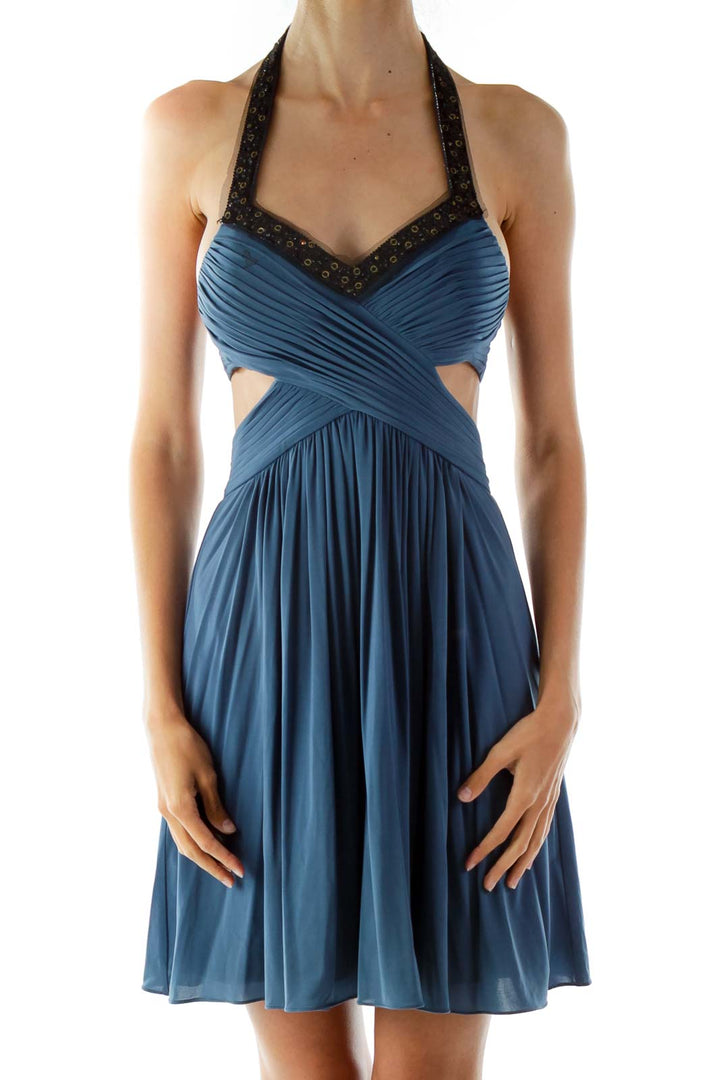 Blue Beaded Cut-Out Cocktail Dress