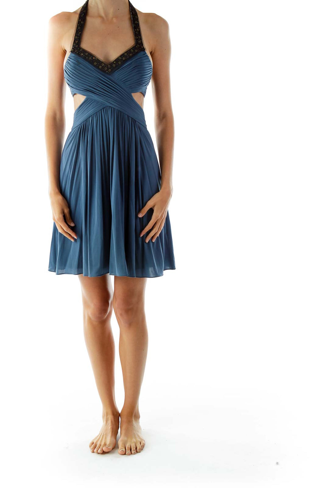 Blue Beaded Cut-Out Cocktail Dress