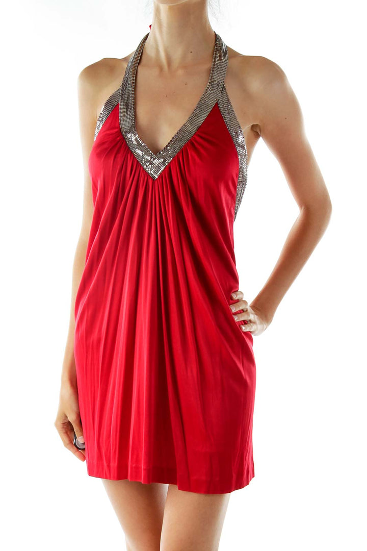 Red Silver Metallic Cocktail Dress