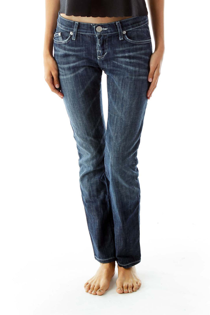 Blue Straight-Leg Faded Jeans