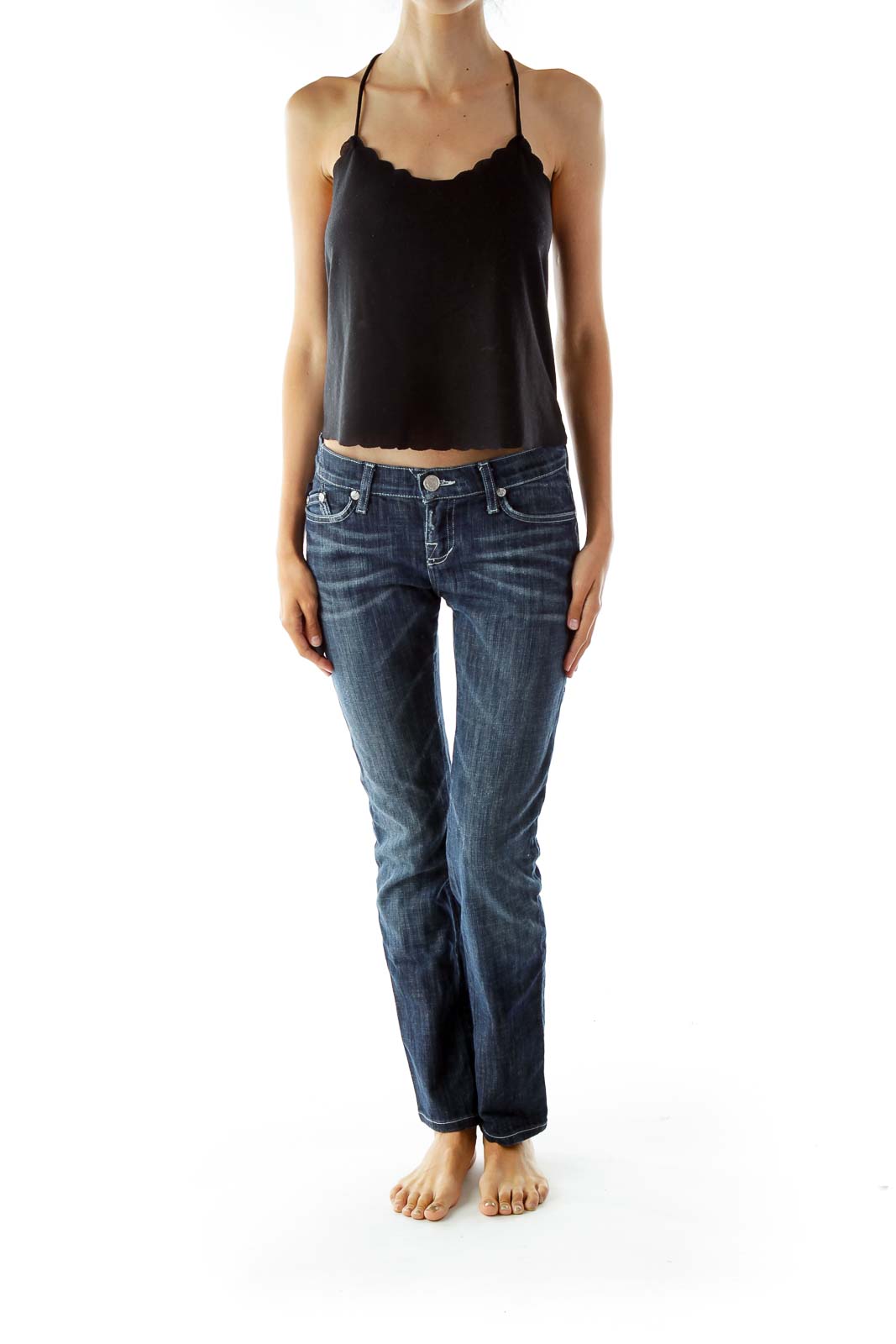 Blue Straight-Leg Faded Jeans