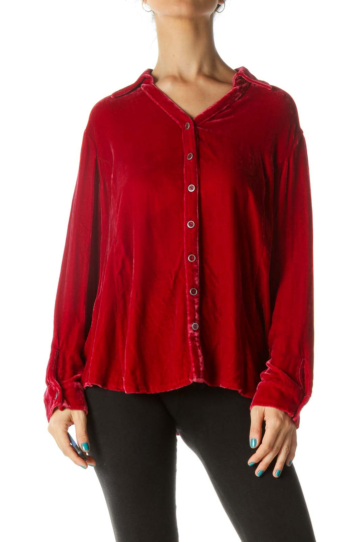 Red Velvet Collared Button-Up Blouse