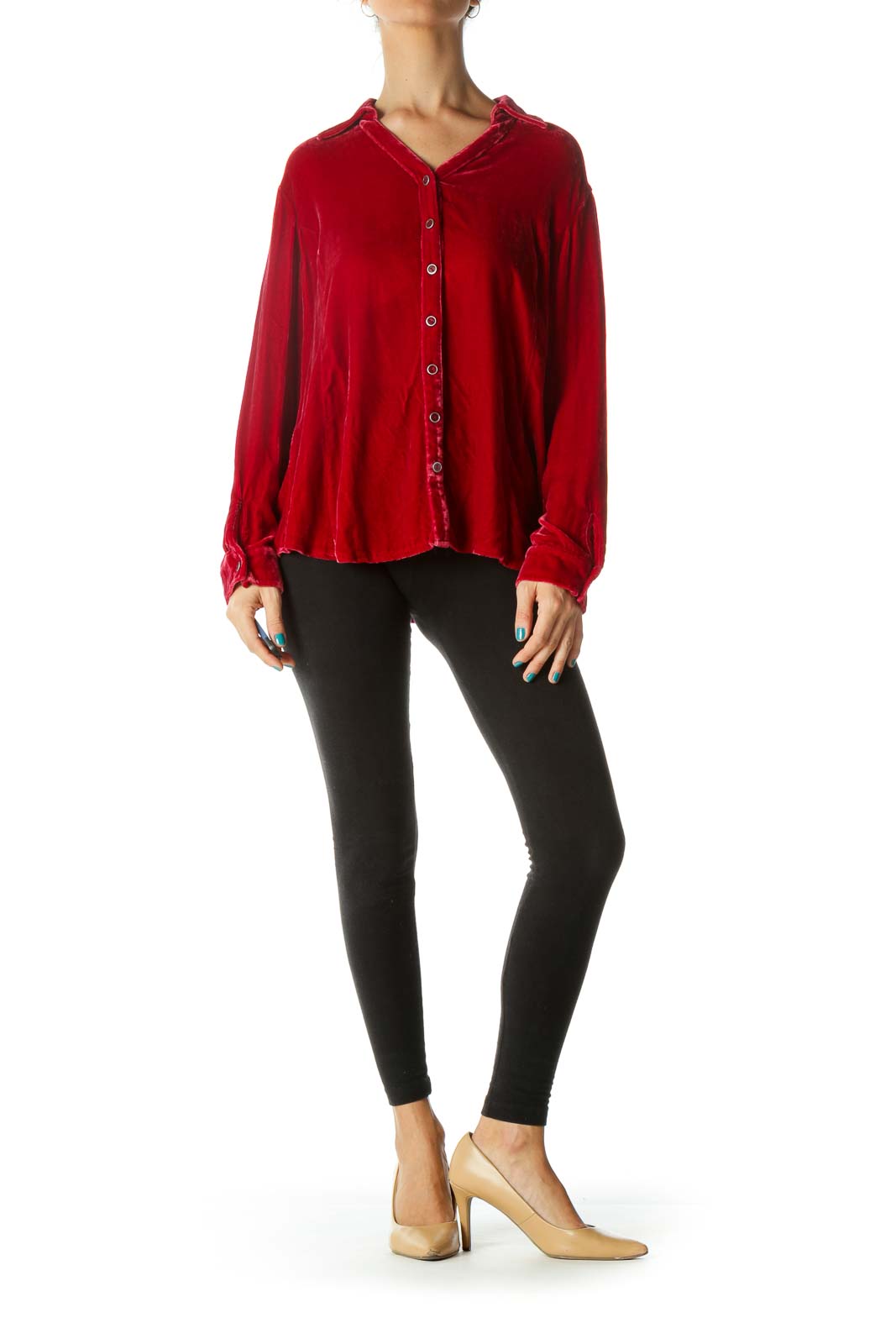 Red Velvet Collared Button-Up Blouse