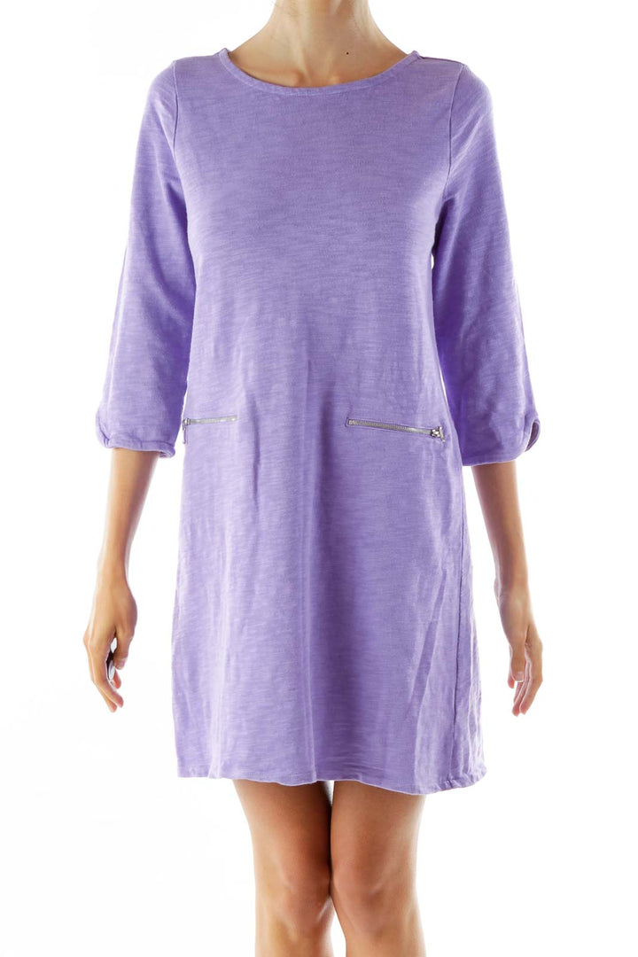 Purple Pocketed Long Sleeve Day Dress