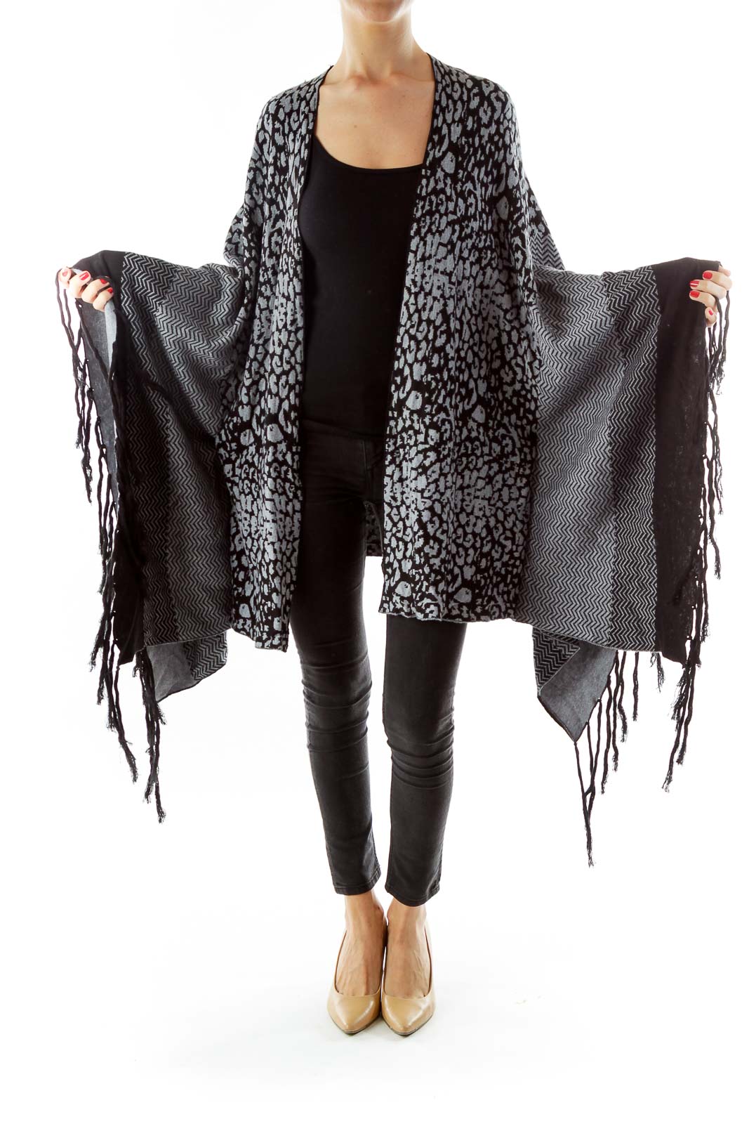 Black Gray Leopard Poncho