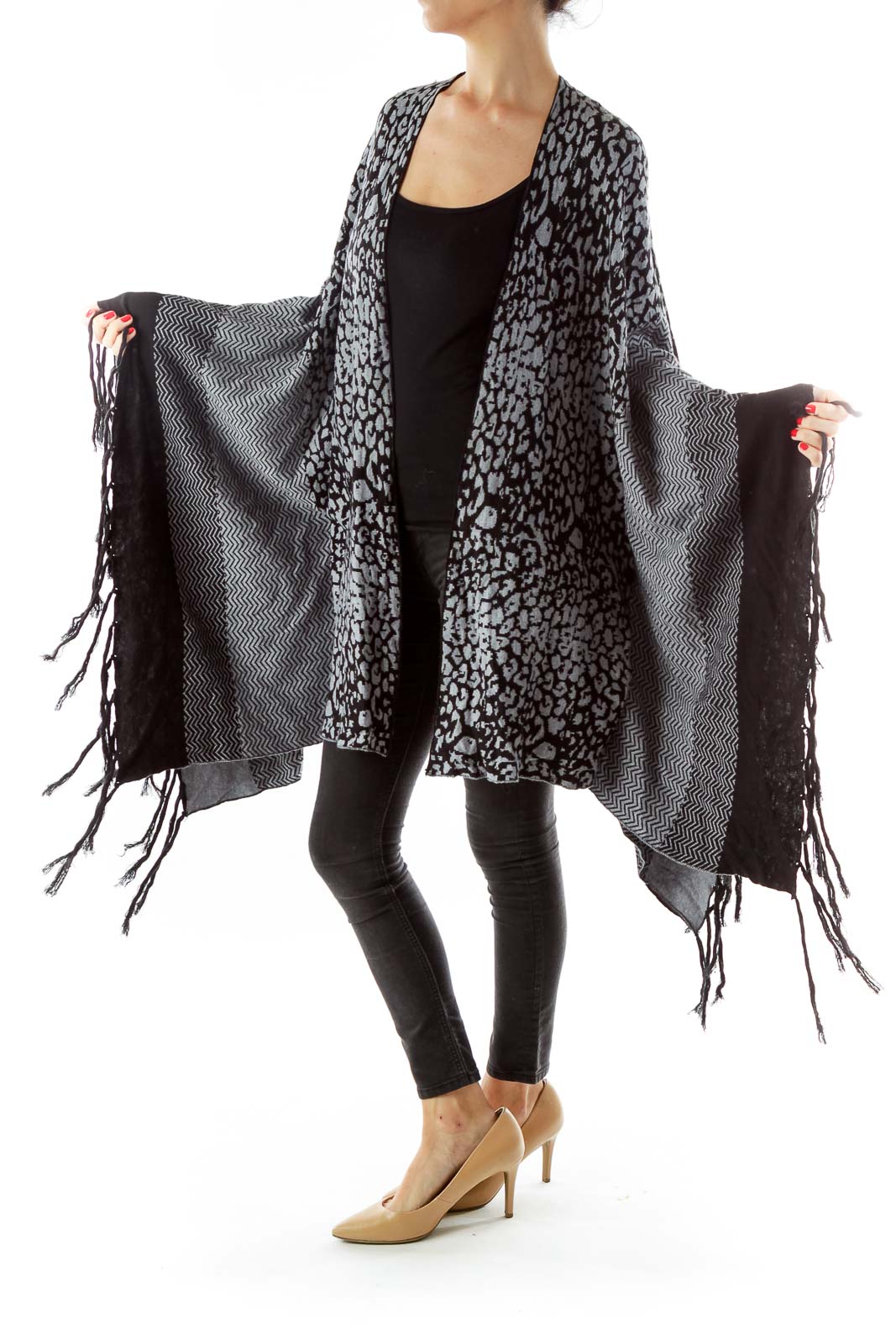 Black Gray Leopard Poncho