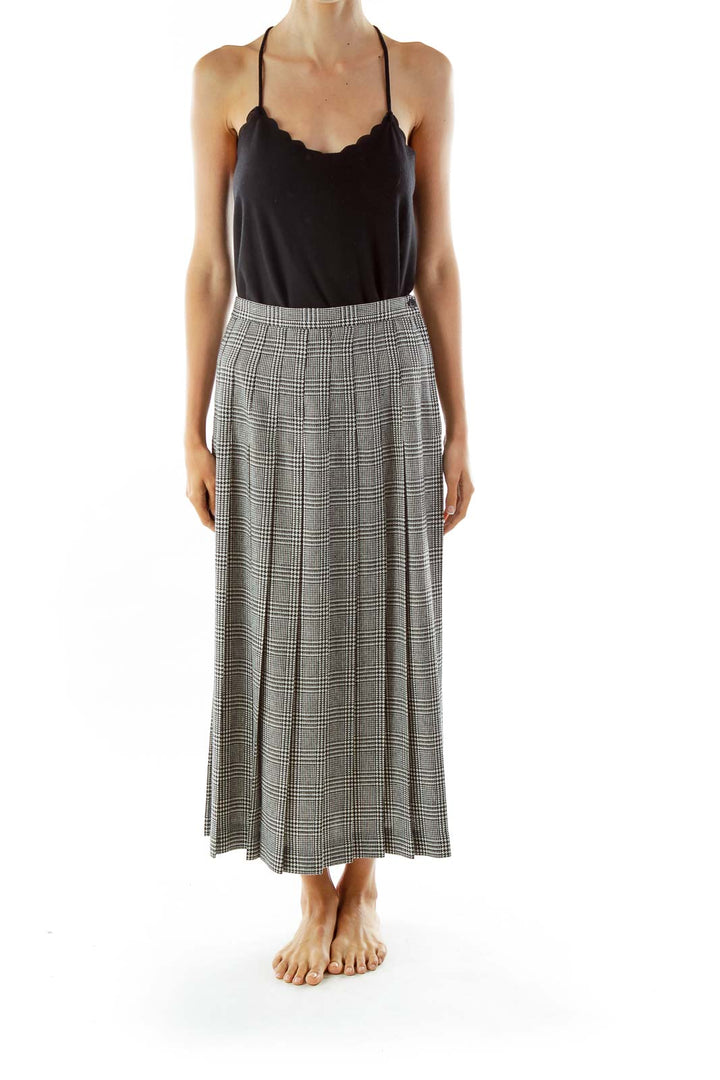 Black White Houndstooth Pleated Maxi Skirt