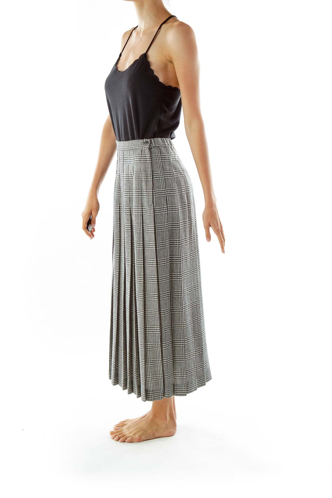 Black White Houndstooth Pleated Maxi Skirt