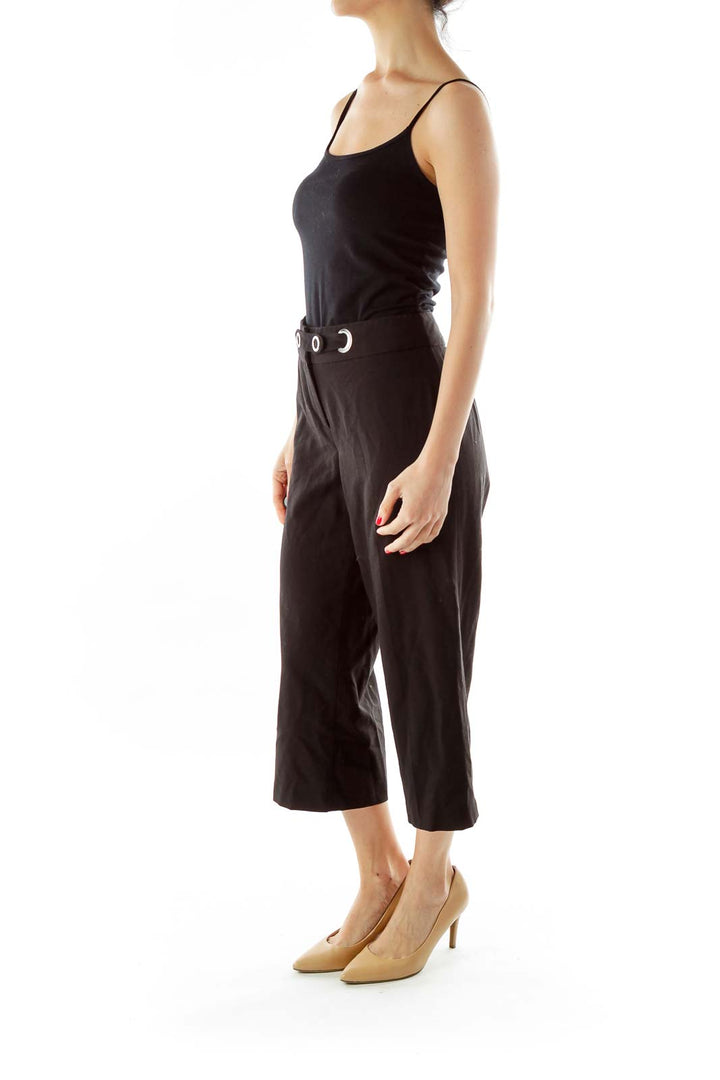 Black Cropped Belted Straight-Leg Pants