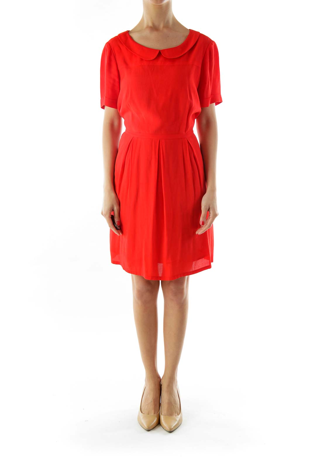 Red Short Sleeve Collared Work Dress