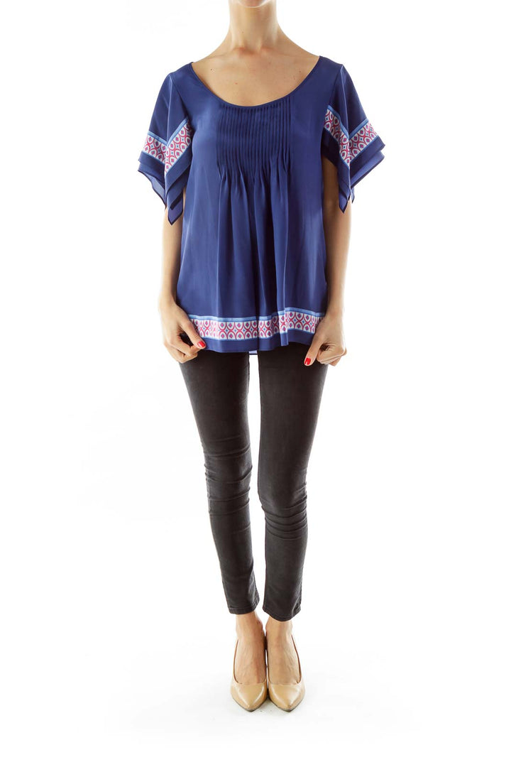 Blue Round Neck Print Silk Blouse