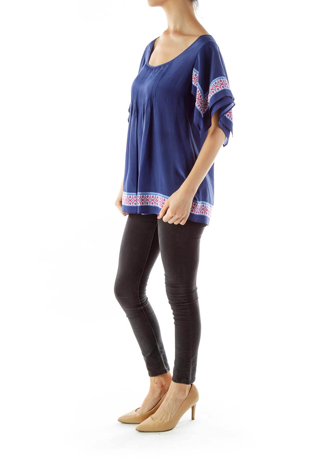 Blue Round Neck Print Silk Blouse