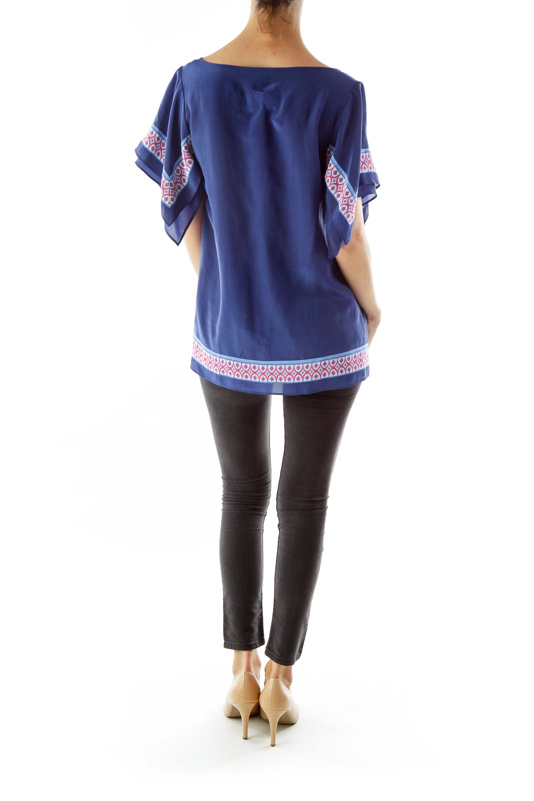 Blue Round Neck Print Silk Blouse