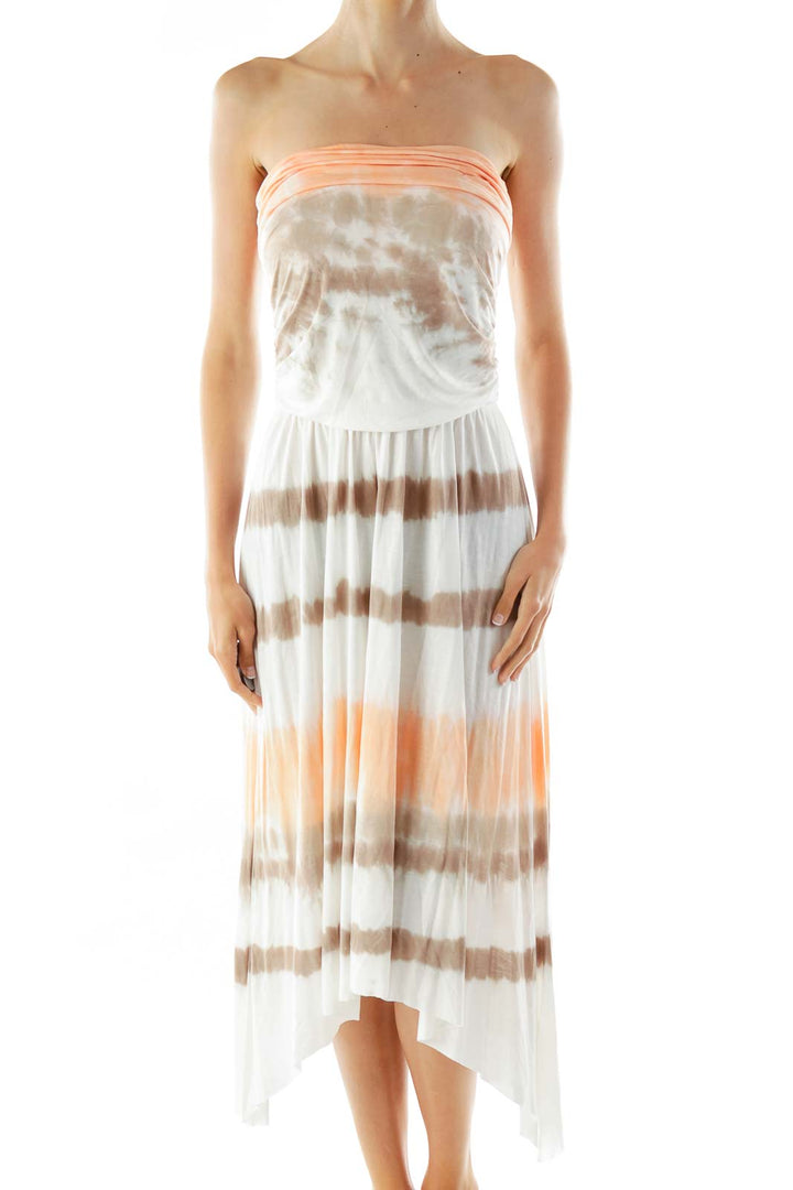 Orange White Tie Dye Strapless Day Dress