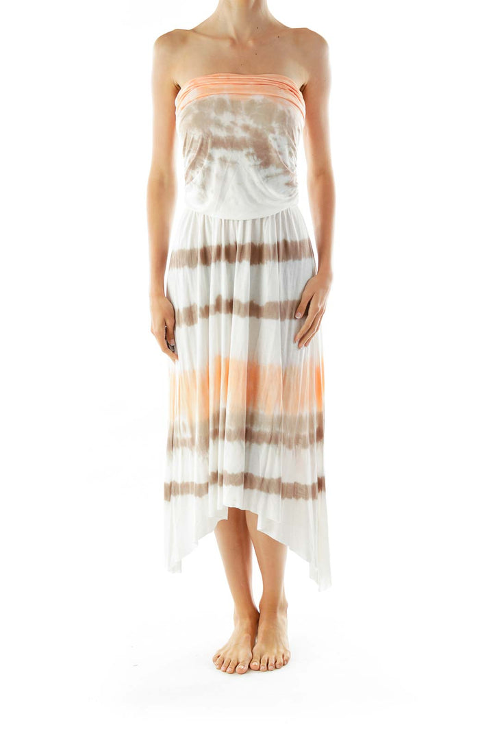 Orange White Tie Dye Strapless Day Dress