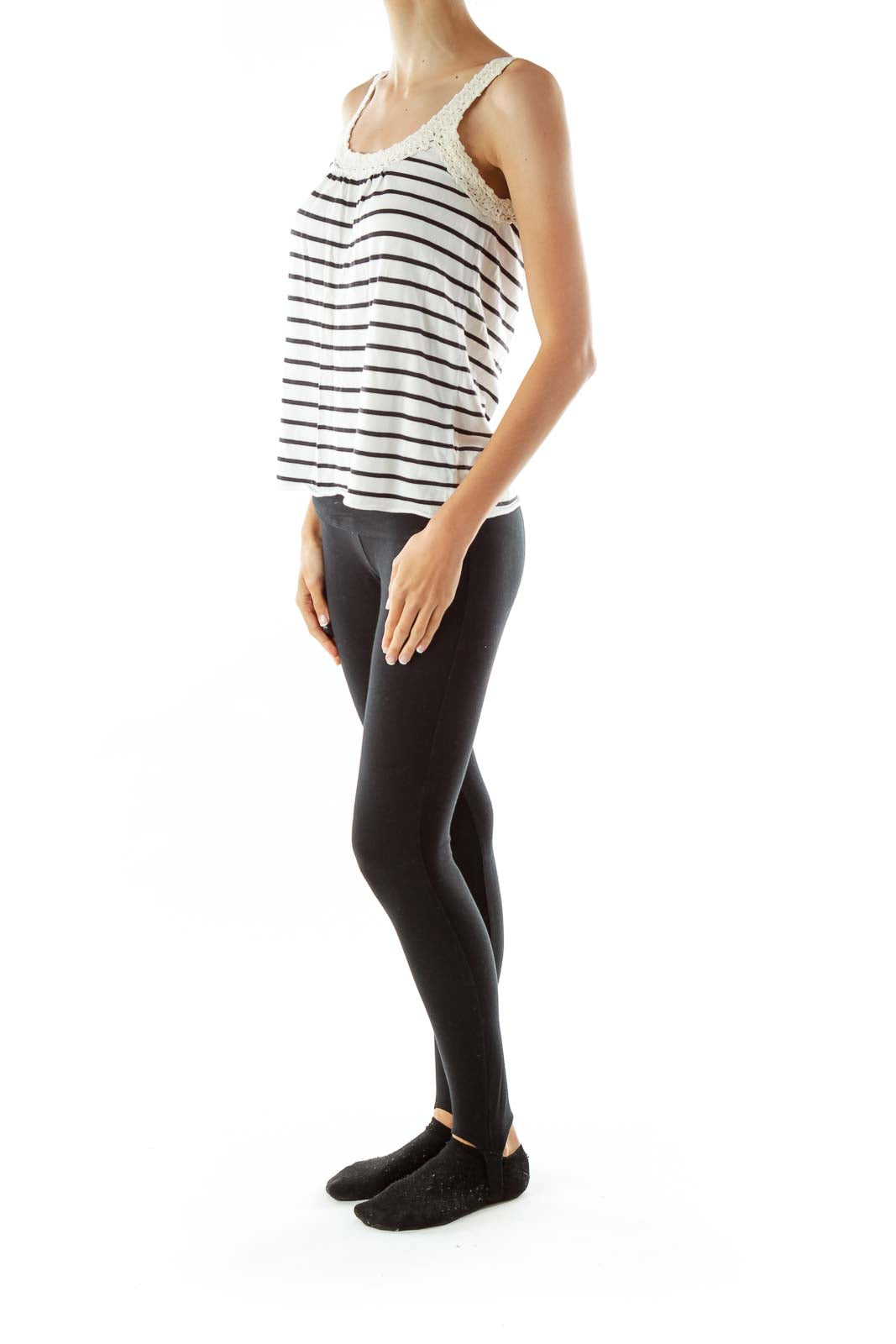 Black Cream Striped Lace Knit Tank