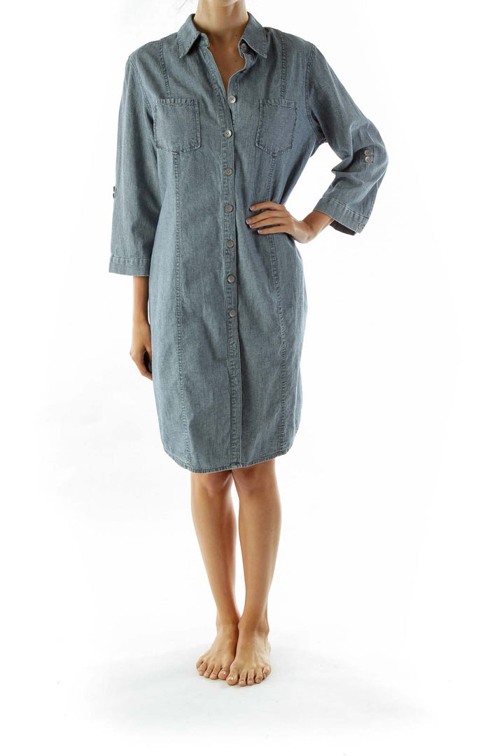 Gray Pocketed Shirt Dress