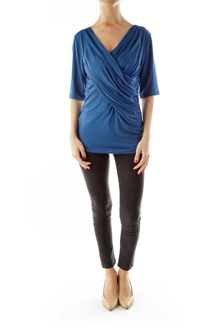 Blue Scrunched V-Neck Top