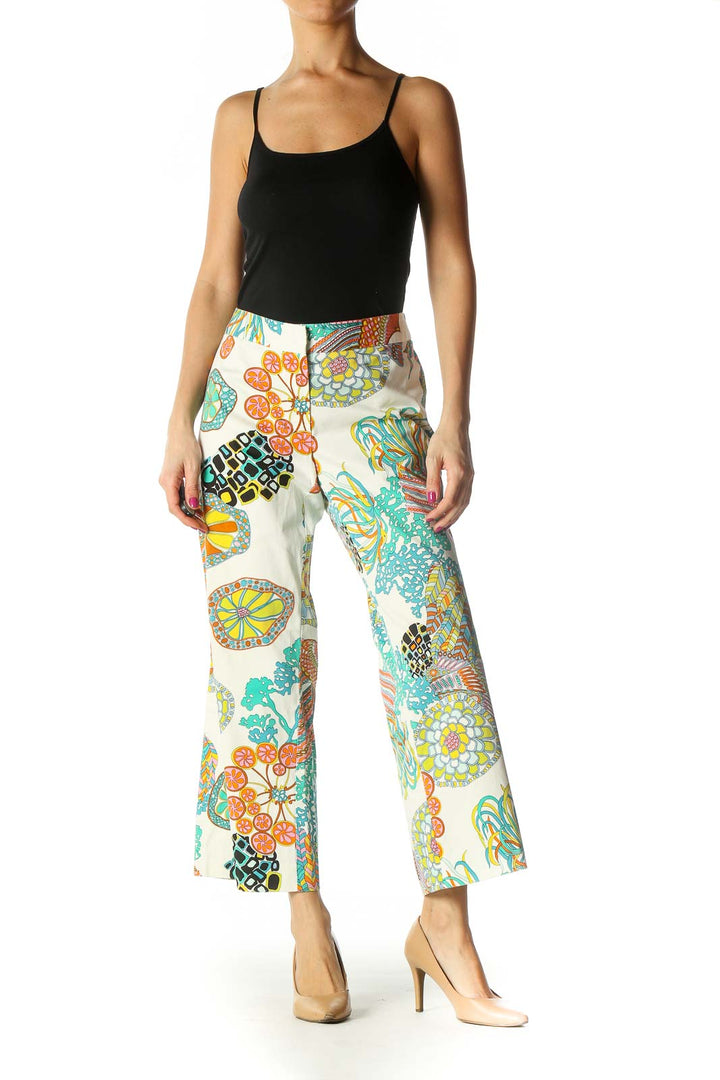 Cream Print Straight-Leg Pants