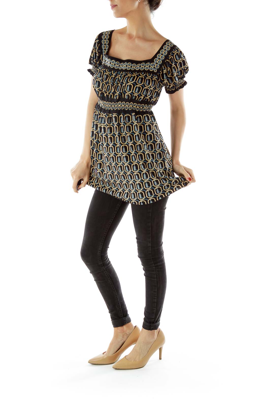 Black Blue Gold Geometric Print Blouse