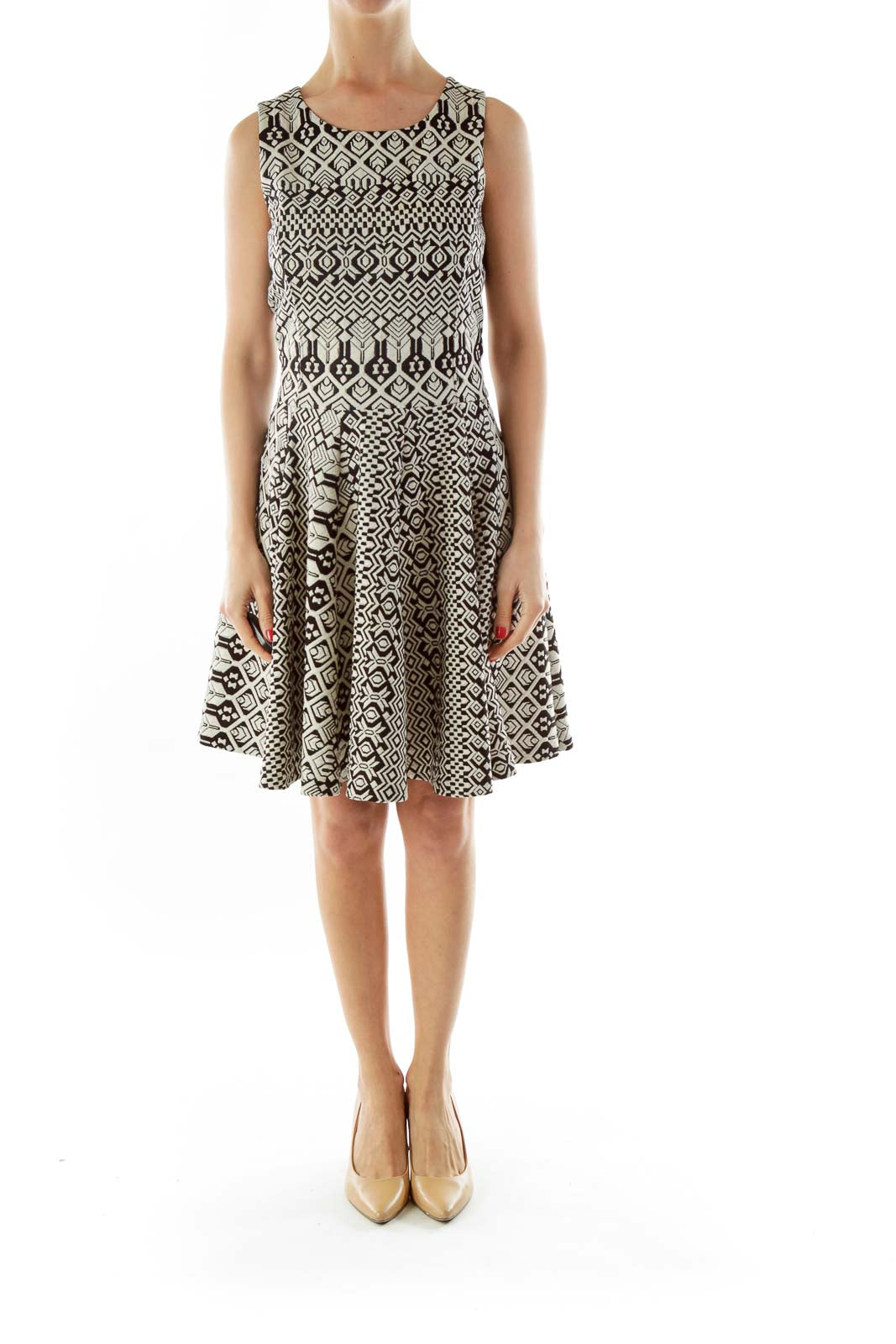 Black Cream Embroidered A-Line Work Dress