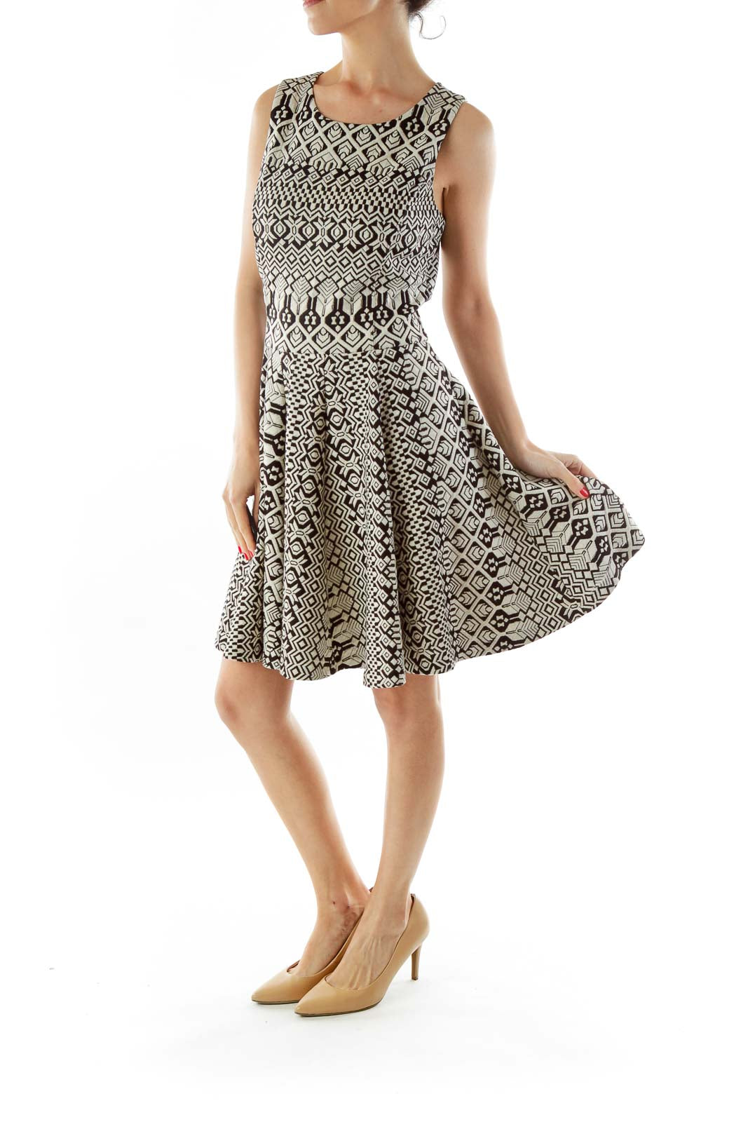 Black Cream Embroidered A-Line Work Dress