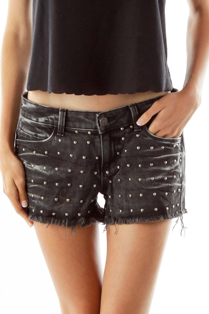 Gray Studded Frayed Shorts