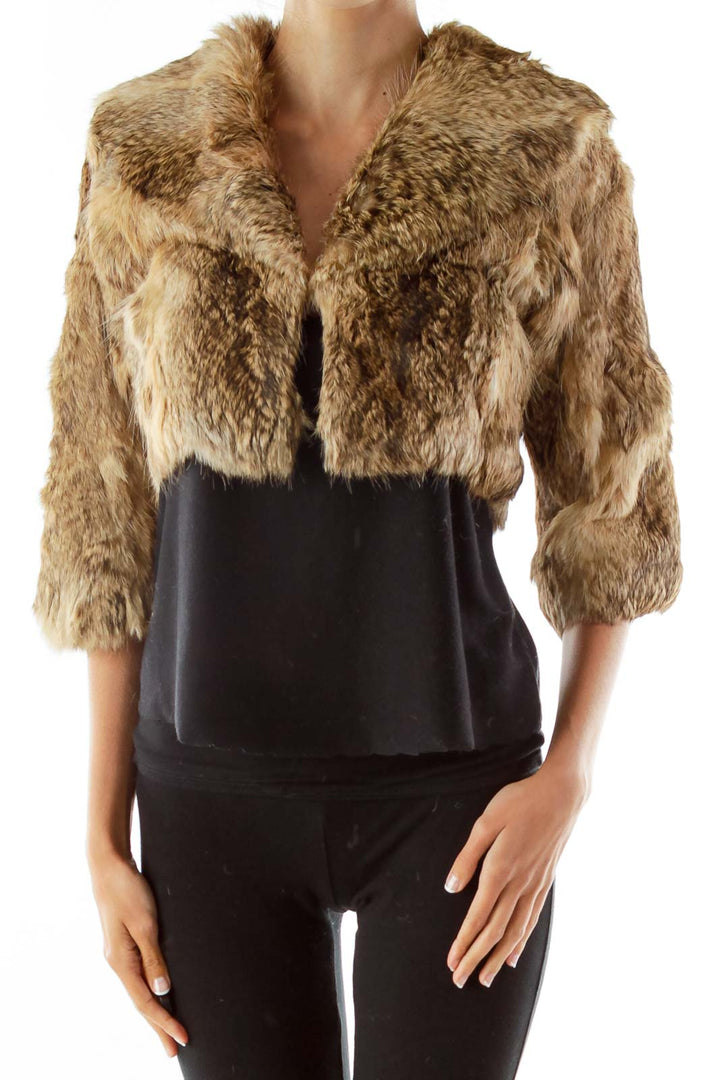 Brown Collared Cropped Rabbit Fur Jacket