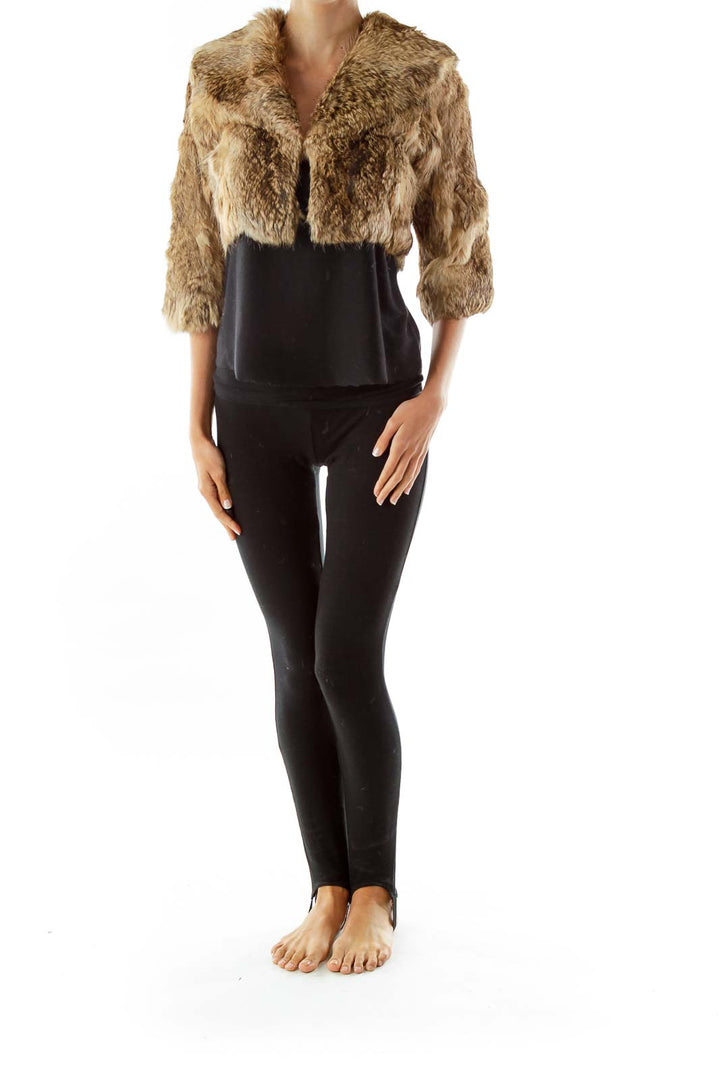 Brown Collared Cropped Rabbit Fur Jacket